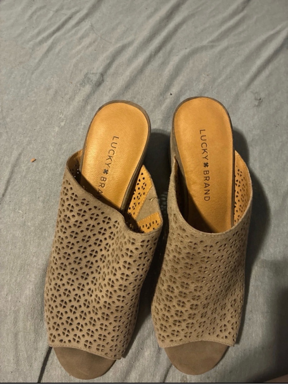 Lucky Brand Taupe Cutout Slide Mules